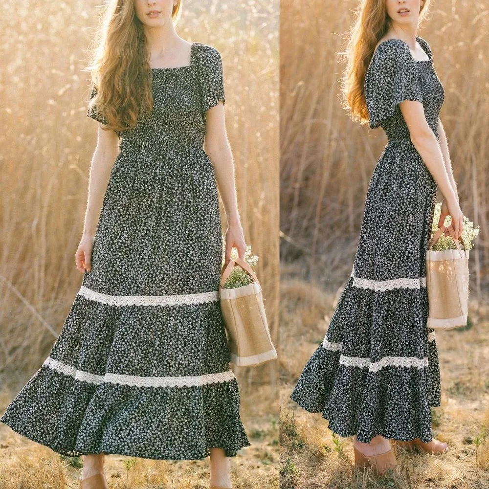 NEW Black Ditsy Floral Smock Square Neck Bodice Lace Trim Skirt Boho Maxi Dress - Picture 9 of 11